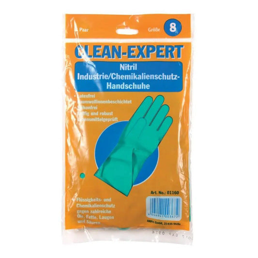 Ein Paar blaugrüne AMPri Nitril Chemikalienhandschuhe in Größe 8, verpackt in einer durchsichtigen Plastikhülle mit orangefarbenem Rand, mit deutscher Beschriftung für Industrie- und Chemikalienschutz.