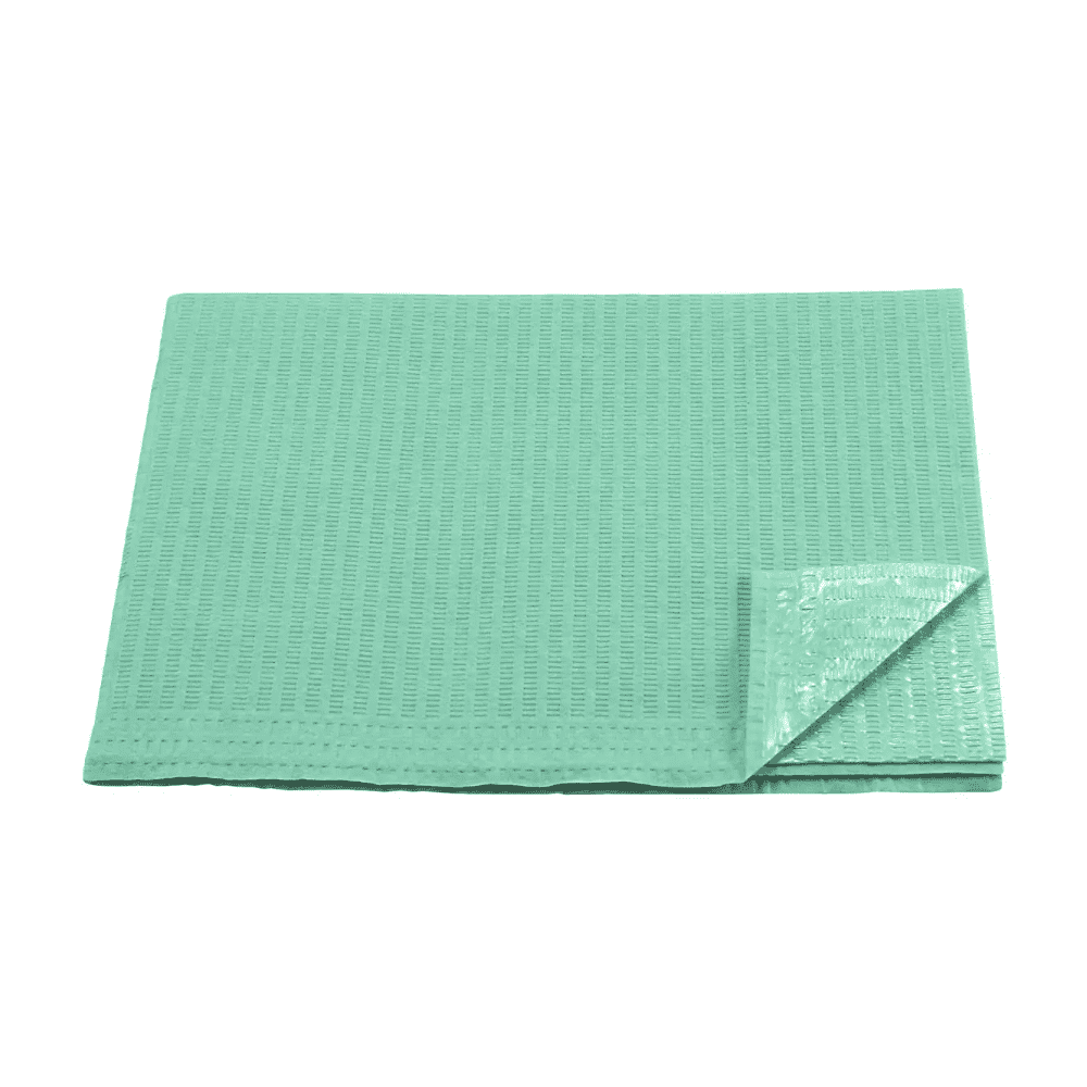 A green absorbent disposable underpad with a quilted structure and a plastic backing, similar to the patient napkins, Tissue/PE, green (box with 500 packs) from AMPri Handelsgesellschaft mbH. The corner of the pad is folded, revealing the backing material. The pad lies on a white background.