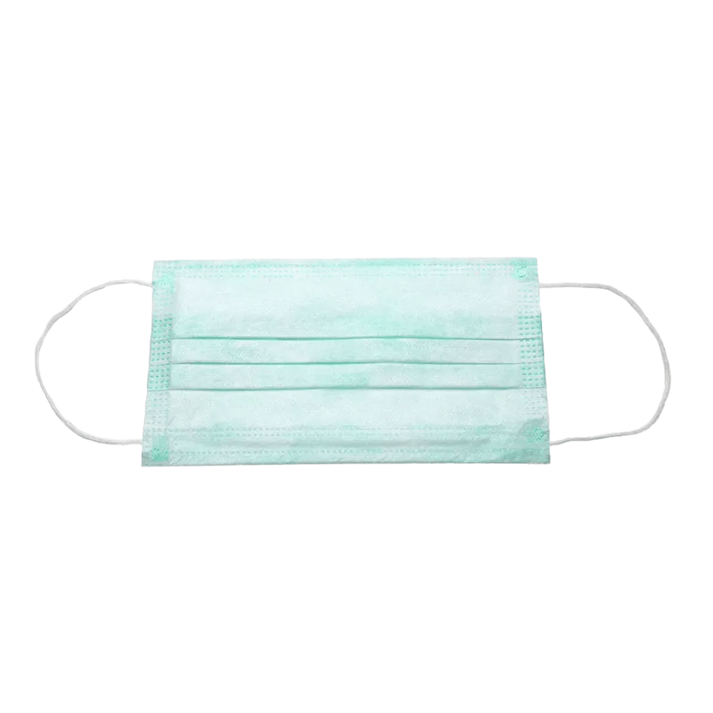 Eine hellblaue AMPri BASIC-PLUS OP Maske 3-lg. Typ II, hergestellt von AMPri Handelsgesellschaft mbH, mit Ohrschlaufen liegt flach auf einem weißen Hintergrund. Diese dreilagige Maske verfügt über drei Falten und ist als Einwegmaske konzipiert, um die Verbreitung von Schadstoffen zu verhindern.