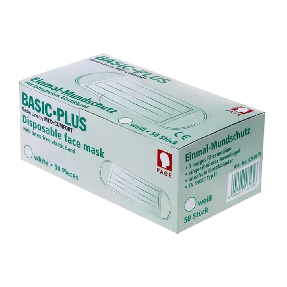 Das Bild zeigt eine grün-weiße Schachtel mit der Aufschrift „AMPri BASIC-PLUS OP Maske 3-lagig. Typ II, verschiedene Farben.“ Die Schachtel enthält 50 weiße, latexfreie Masken und zeigt verschiedene Produktdetails auf Englisch und Deutsch, was das 3-lagige Mundschutz-Design der AMPri Handelsgesellschaft mbH hervorhebt.