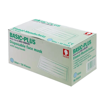 Eine weiße Schachtel „AMPri BASIC-PLUS OP Maske 3-lg. Typ II zum Binden“ von AMPri Handelsgesellschaft mbH, die 50 Stück mit langen Bändern enthält. Die Schachtel enthält Text in Englisch und Deutsch und auf der Seite ein Bild einer blauen Gesichtsmaske.