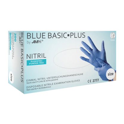 A rectangular box for AMPri BASIC-PLUS nitrile gloves powder-free, various colors | Box (200 pieces). The gloves are non-sterile and suitable for both hands. The box shows a blue glove and product details in various languages, with size specifications.