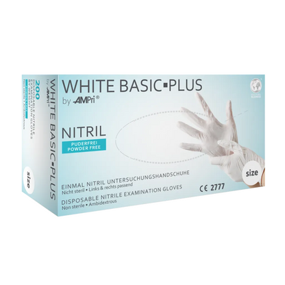The image shows a box of disposable examination gloves made of nitrile with the label "AMPri BASIC-PLUS nitrile gloves powder-free, various colors" from AMPri Handelsgesellschaft mbH. The non-sterile, ambidextrous gloves are chemical-resistant. The predominantly white-blue box is labeled with texts in German and English and contains 200 gloves.