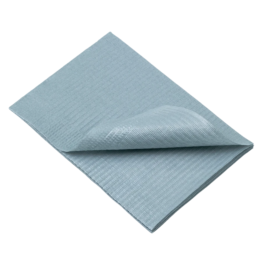 A light blue AMPri Dental disposable patient napkin with a textured surface is elegantly presented on a plain white background.
