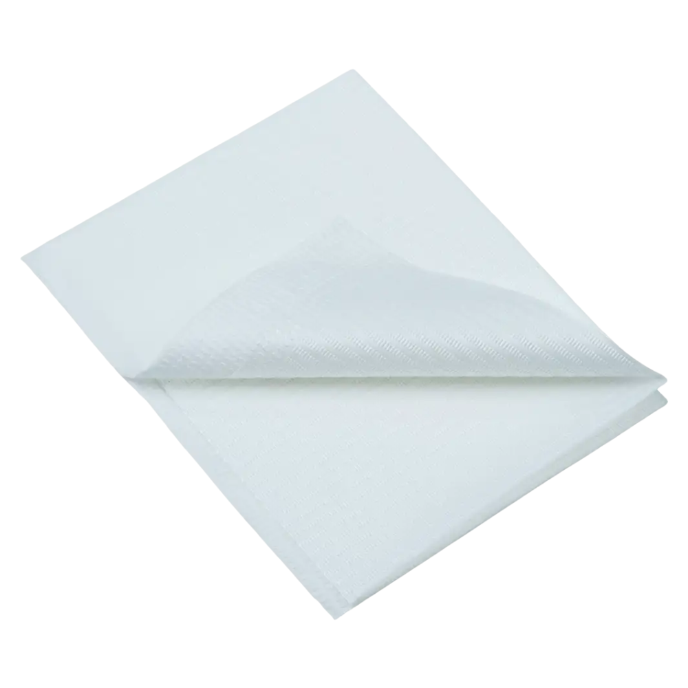 A close-up of a folded white AMPri Dental disposable patient napkin, reminiscent of dental napkins, highlighting its texture and layered appearance. The soft fabric is neatly folded and positioned diagonally against a plain white background.