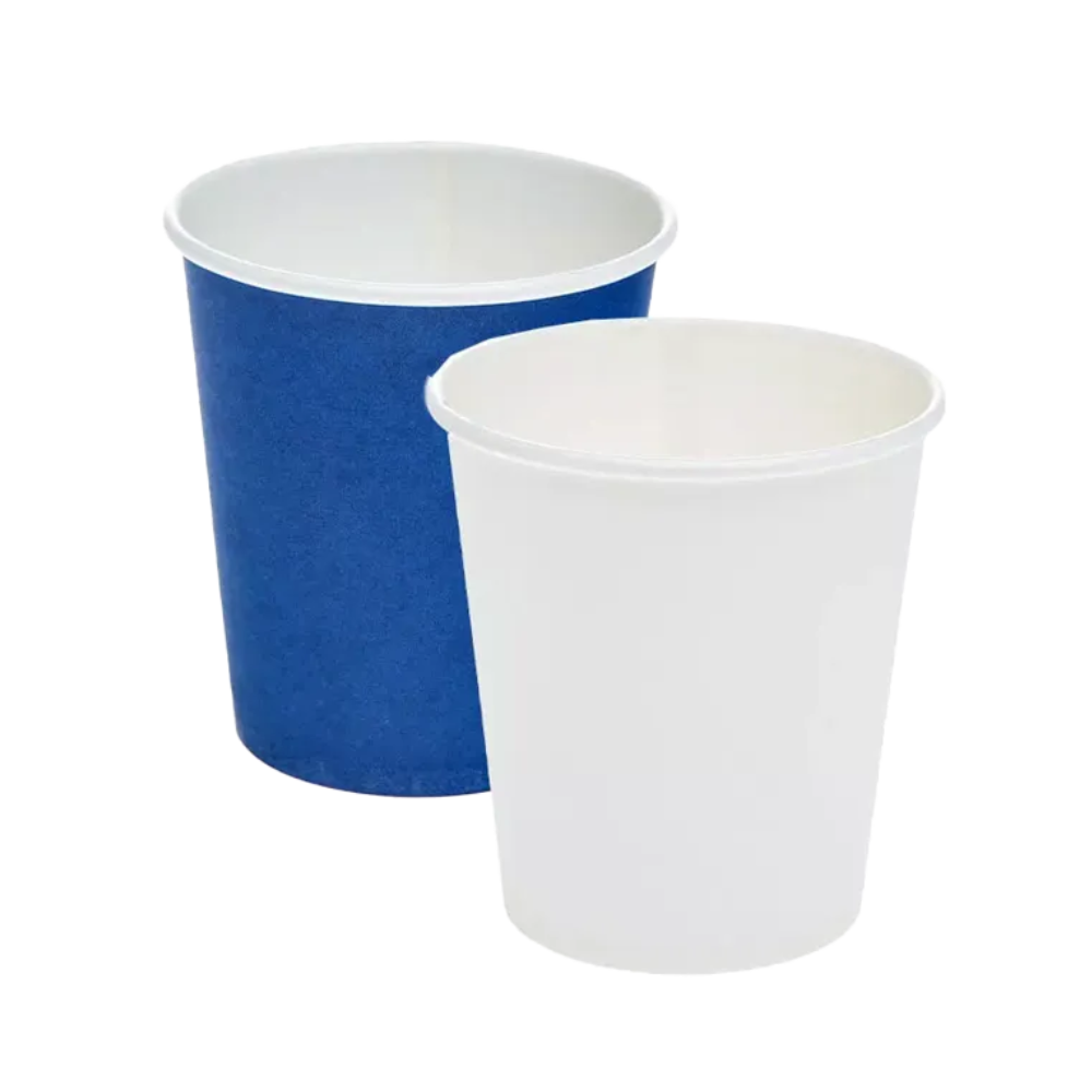 Against a white background, two AMPri Dental hard paper mouthwash cups are depicted. The front cup is blue with a polyethylene coating, while the one behind is white. Both cups, empty and upright, are ideal for single-use in dental practices.