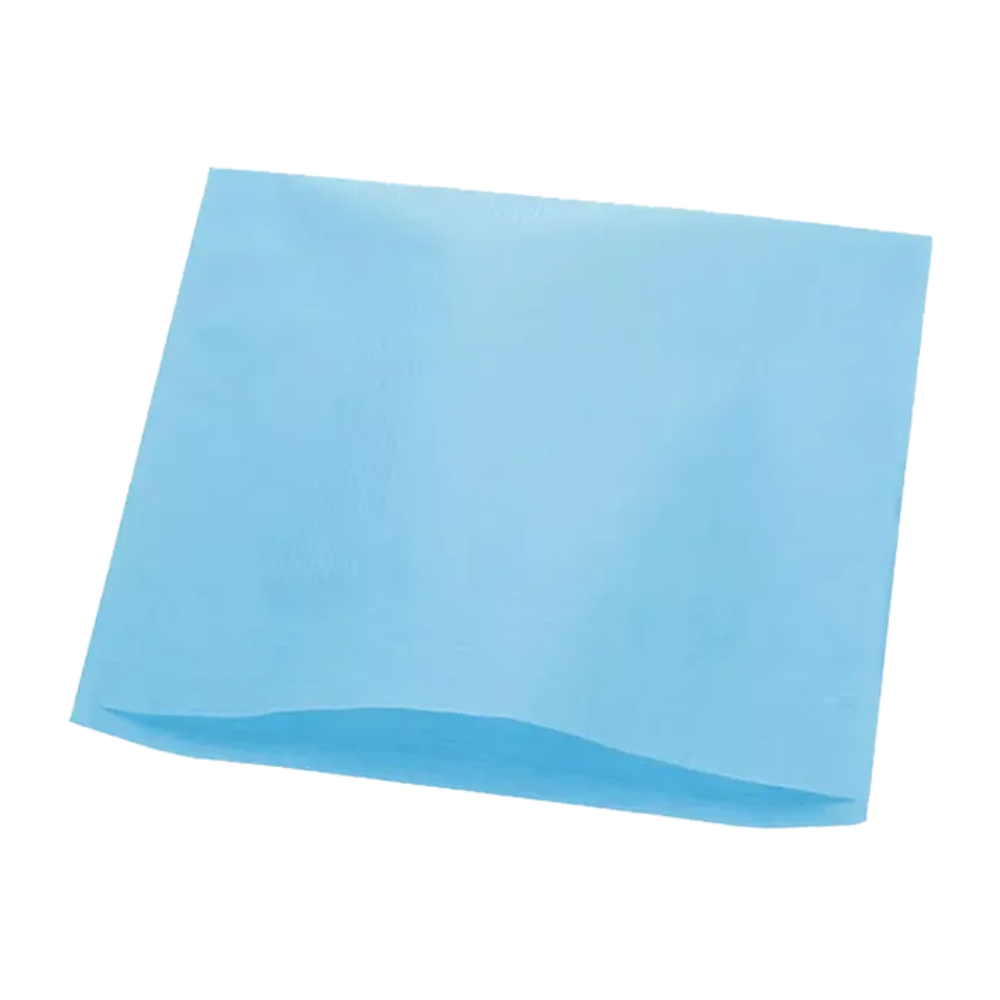 A blue dental bib made of paper material with a rectangular shape and textured surface, perfect for use with dental treatment chairs. The bib by AMPri Handelsgesellschaft mbH is typically used in dental practices to protect clothing during treatment. It is unfolded and lies flat.