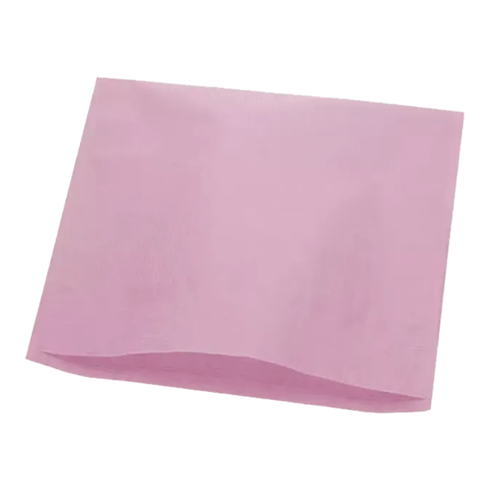 An AMPri Dental headrest cover tissue paper napkin in a delicate pink tone is unfolded in front of a white background, showcasing the smooth texture characteristic of tissue paper. The square design features subtle creases that elegantly highlight the fold lines.