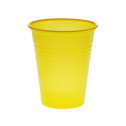 A yellow AMPri Dental disposable cup made of polypropylene with vertical grooves stands upright against a plain white background. Ideal for use in dental practices as a single-use rinse cup.