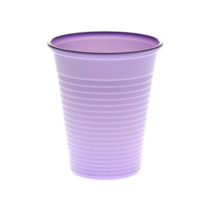 A purple disposable plastic cup made of polypropylene from AMPri Handelsgesellschaft mbH displays horizontal grooves on a white background.