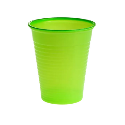 A bright green AMPri Dental PP mouth rinse cup made of polypropylene with a smooth rim and ribbed sides stands upright against a plain white background.