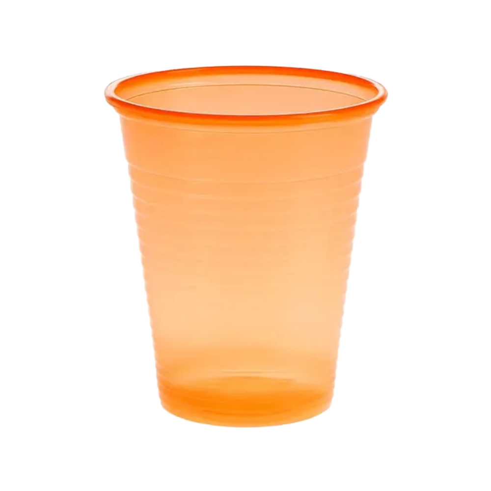 A bright orange cup made of polypropylene with a smooth rim and subtle grooves on the body is presented against a plain white background. This product is part of the AMPri Dental PP mouth rinse cup collection, distributed by AMPri Handelsgesellschaft mbH.