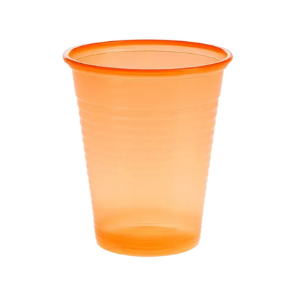 A bright orange cup made of polypropylene with a smooth rim and subtle grooves on the body is presented against a plain white background. This product is part of the AMPri Dental PP mouth rinse cup collection, distributed by AMPri Handelsgesellschaft mbH.