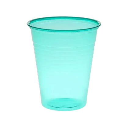 The AMPri Dental PP mouth rinse cup in translucent turquoise is made of polypropylene and has a slightly flared rim with vertical lines accentuating the cup body. This 180 ml cup from AMPri Handelsgesellschaft mbH is empty and stands on a plain white background, making it perfect for use in dental practices.