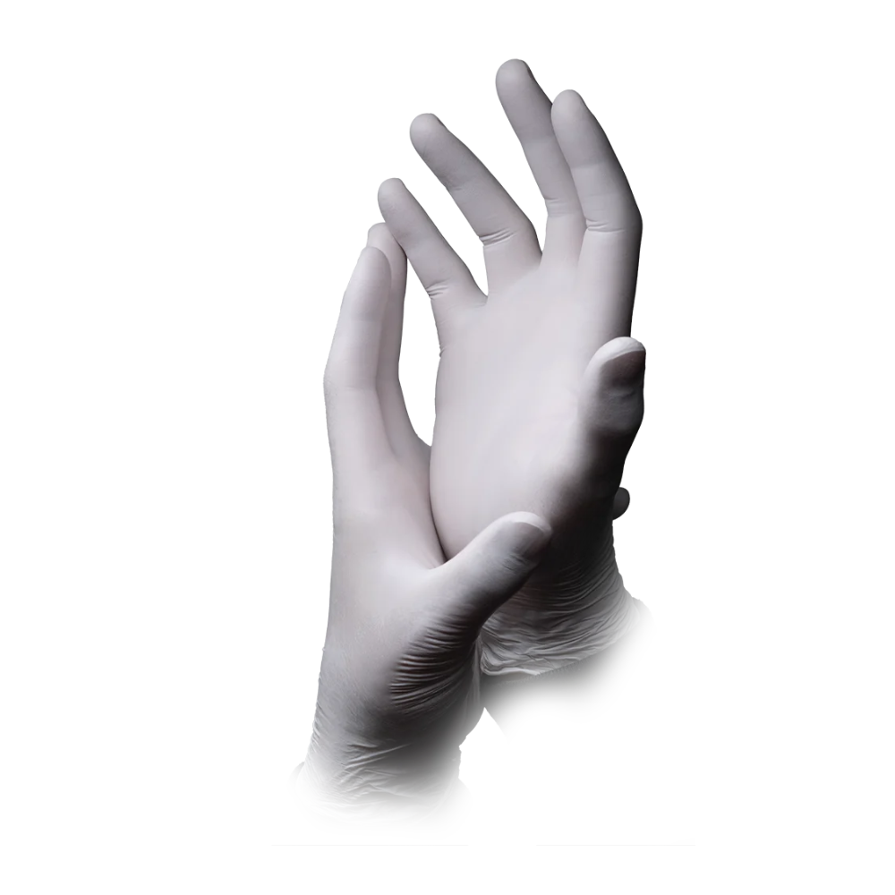 Zwei behandschuhte Hände, die weiße AMPri ECO-PLUS Nitrilhandschuhe puderfrei tragen, sind vor einem weißen Hintergrund positioniert. Die Hände scheinen eine leicht gewölbte und geöffnete Position einzunehmen, die Finger sind entspannt und zeigen nach oben, was die Hygienestandards der AMPri Handelsgesellschaft mbH veranschaulicht.