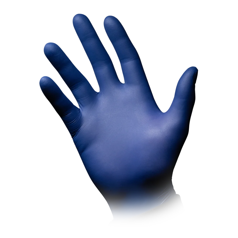 Ein einzelner AMPri Epiderm Protect Nitrilhandschuh von MED-COMFORT in metallblau ist mit der Handfläche nach oben auf einem schlichten weißen Hintergrund abgebildet. Die Finger des puderfreien Handschuhs sind leicht gespreizt.