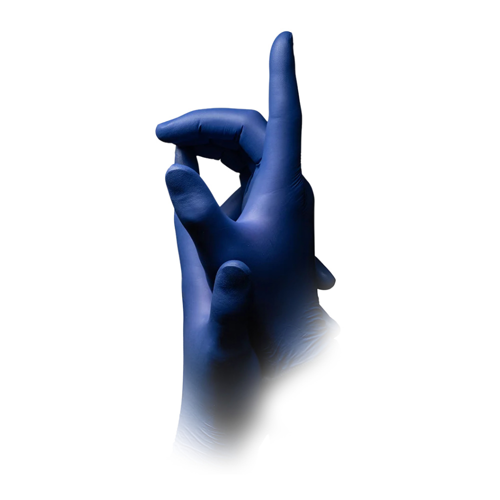 Zwei Hände mit metallblauen AMPri Epiderm Protect Nitrilhandschuhen von MED-COMFORT puderfrei der AMPri Handelsgesellschaft mbH sind auf weißem Hintergrund abgebildet. Eine Hand scheint nach oben zu zeigen, während sich bei der anderen Hand Daumen und Zeigefinger berühren. Diese puderfreien Handschuhe bieten sowohl Komfort als auch Schutz für verschiedene Aufgaben.