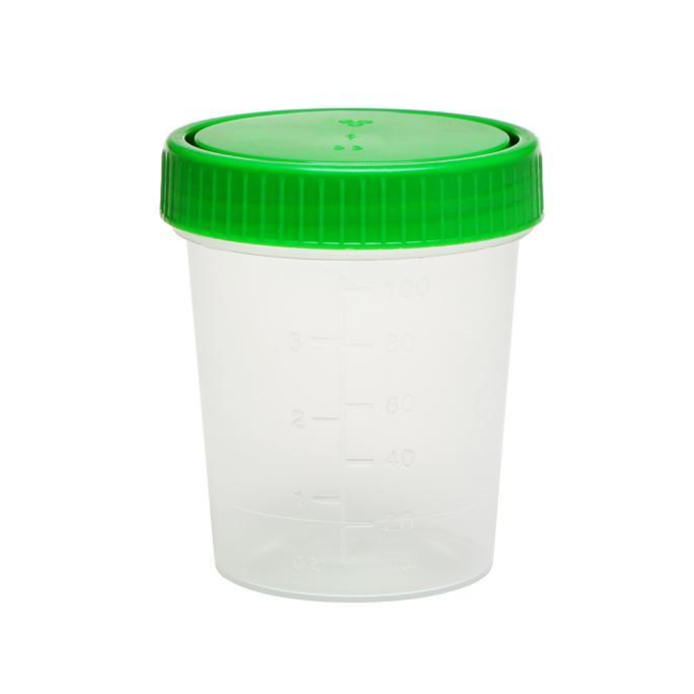 The AMPri urine sample cup features a green screw cap and 100 ml measurement markings on its transparent polypropylene body, with the tightly sealed cap enhancing the view against a bright white background.