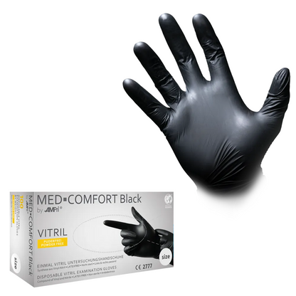 A raised, black-gloved hand is visible. Below it is a box labeled "AMPri MED-COMFORT BLACK," containing "disposable examination gloves made of nitrile." The text on the box indicates that the gloves are powder-free and manufactured by AMPri Handelsgesellschaft mbH.
