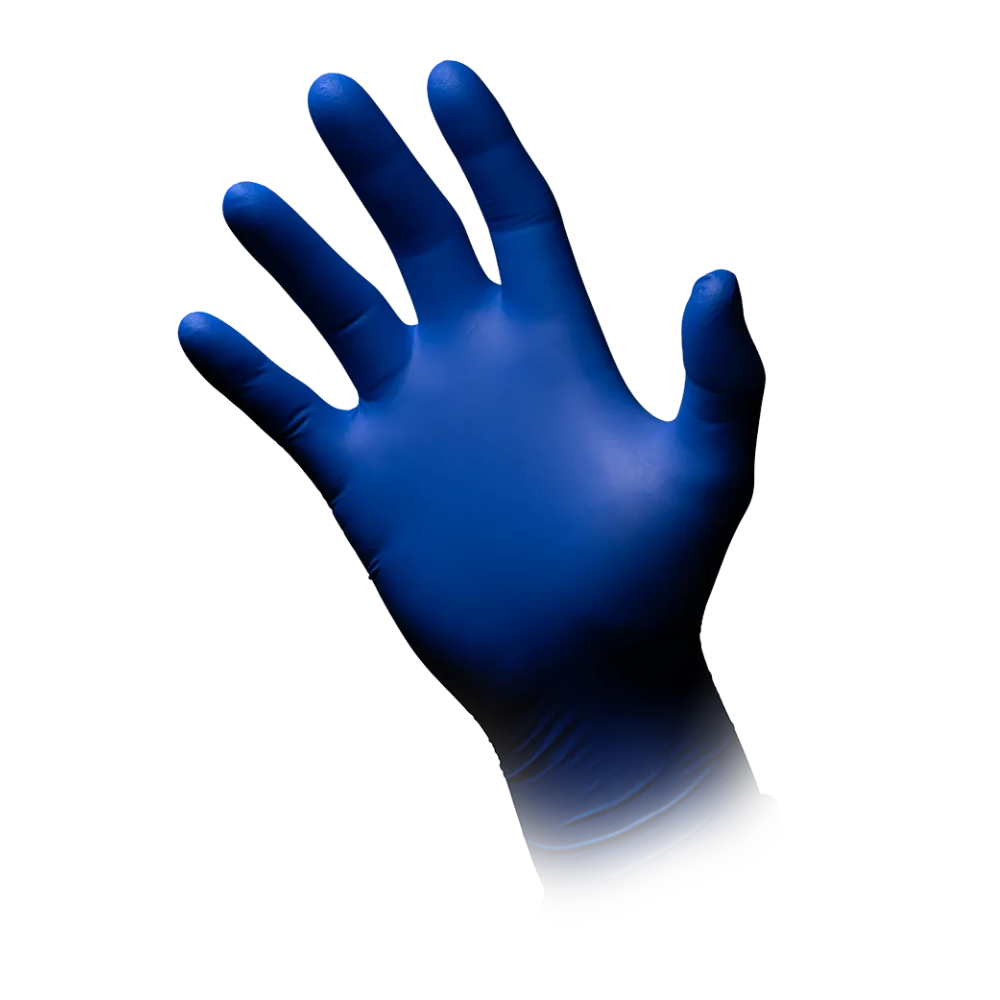 Eine Hand mit einem extralangen und puderfreien Nitrilhandschuh AMPri MED-COMFORT BLUE 300 mit gespreizten Fingern vor einem weißen Hintergrund.
