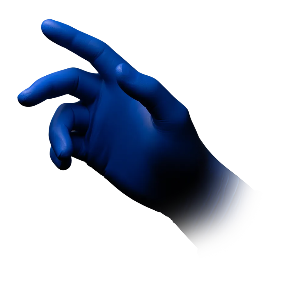 Eine Hand mit einem dunkelblauen Handschuh AMPri MED-COMFORT BLUE 300 Nitrilhandschuhe extra Lang puderfrei, blau der AMPri Handelsgesellschaft mbH ist vor weißem Hintergrund abgebildet. Die Finger sind leicht gekrümmt, wobei der Zeigefinger stärker gestreckt ist als die anderen. Der Handgelenkbereich scheint in den Hintergrund zu treten.