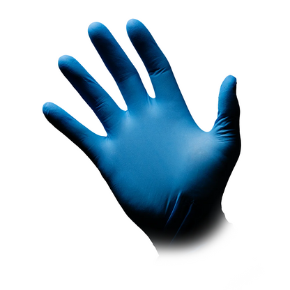 A hand gloved with AMPri MED-COMFORT BLUE powder-free nitrile gloves is stretched out with spread fingers against a white background. The snug-fitting, latex-like glove from AMPri Handelsgesellschaft mbH ensures a smooth application without residues.