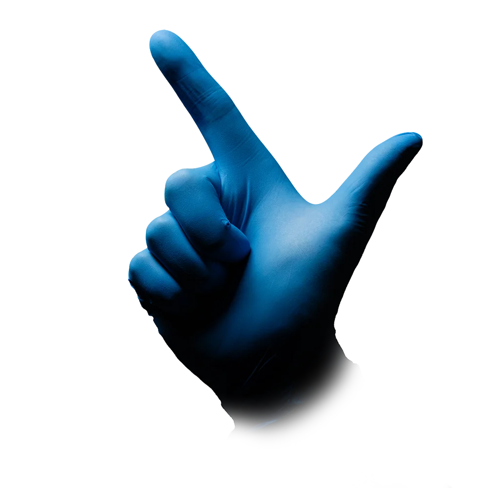 A hand wearing an AMPri MED-COMFORT BLUE powder-free nitrile glove from AMPri Handelsgesellschaft mbH makes a gesture. The index finger points upwards while the thumb stands upright, resembling a finger gun. The background is white.