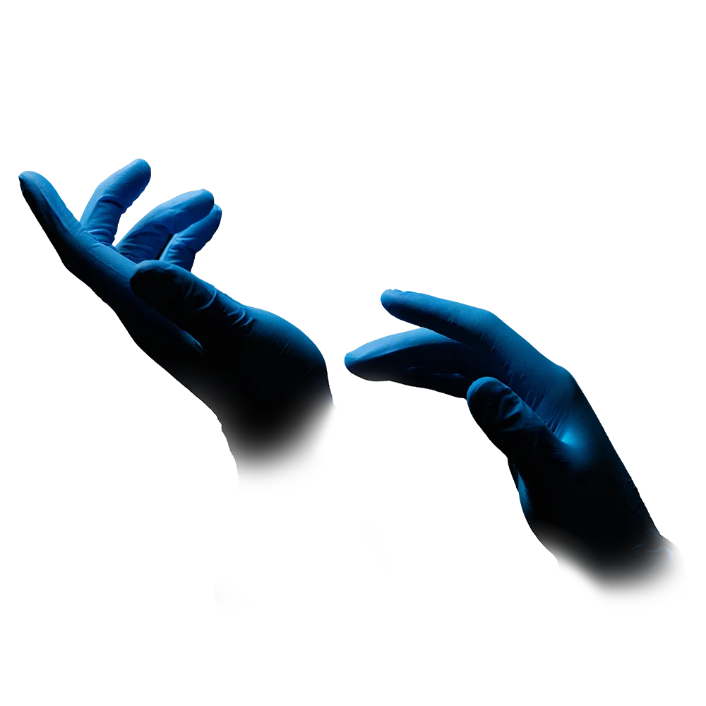 Two hands wearing AMPri MED-COMFORT BLUE powder-free nitrile gloves from AMPri Handelsgesellschaft mbH are depicted facing each other against a white background. The fingers of both hands are slightly spread, with the palm of the left hand facing up and the palm of the right hand facing down.