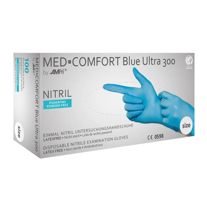 Box with AMPri MED-COMFORT BLUE ULTRA 300 nitrile gloves extra long powder-free, blue from AMPri Handelsgesellschaft mbH. The box is predominantly white and blue, shows an image of gloved hands, and indicates that the nitrile gloves are latex-free, powder-free, ambidextrous, and food-safe. The size indication is clearly visible.
