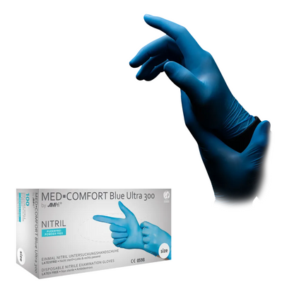 Pictured is a box of AMPri MED-COMFORT BLUE ULTRA 300 nitrile gloves extra long powder-free, blue from AMPri Handelsgesellschaft mbH. Above the box are two hands wearing the blue nitrile gloves, adjusting the fit of the other hand with one hand. Product information and size indications are highlighted on the packaging, indicating that the gloves are powder-free and suitable for food use.
