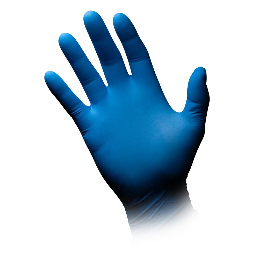 An AMPri MED-COMFORT BLUE ULTRA 300 nitrile glove extra long powder-free, blue from AMPri Handelsgesellschaft mbH on an upright hand with spread fingers against a white background.