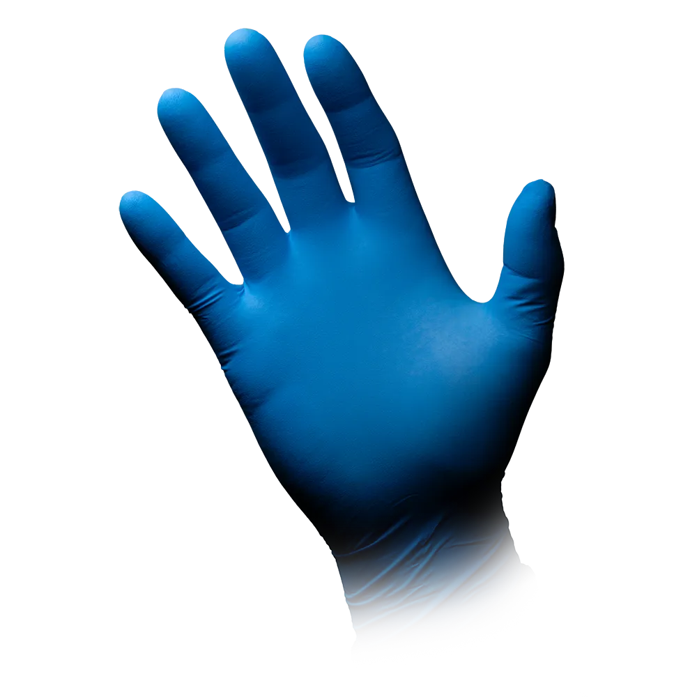 Ein AMPri MED-COMFORT BLUE ULTRA 300 Nitrilhandschuhe extra Lang puderfrei, blau der AMPri Handelsgesellschaft mbH auf einer aufrecht stehenden Hand mit gespreizten Fingern vor einem weißen Hintergrund.