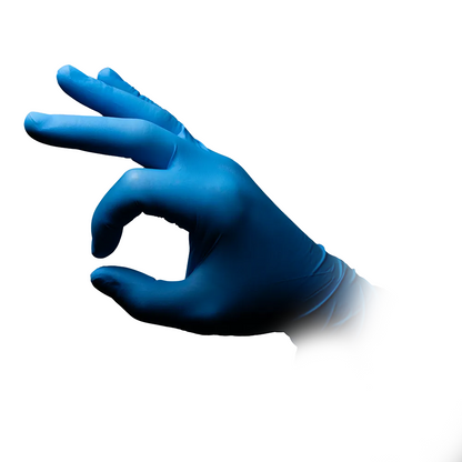 A hand with a blue medical glove, specifically the AMPri MED-COMFORT BLUE ULTRA 300 nitrile glove extra long powder-free in blue from AMPri Handelsgesellschaft mbH, makes an OK gesture against a white background. The thumb and index finger form a circle, while the other fingers are slightly bent.