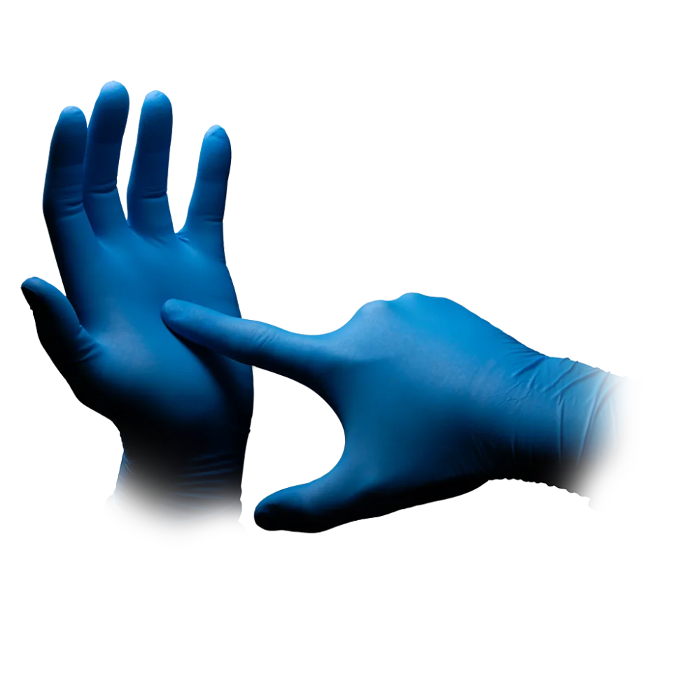 Two hands with AMPri MED-COMFORT BLUE ULTRA 300 nitrile gloves extra long powder-free, blue from AMPri Handelsgesellschaft mbH are pictured against a white background. One hand is open with fingers spread wide, while the index finger of the other hand touches the palm of the open hand. These powder-free gloves ensure safety and hygiene when handling food.