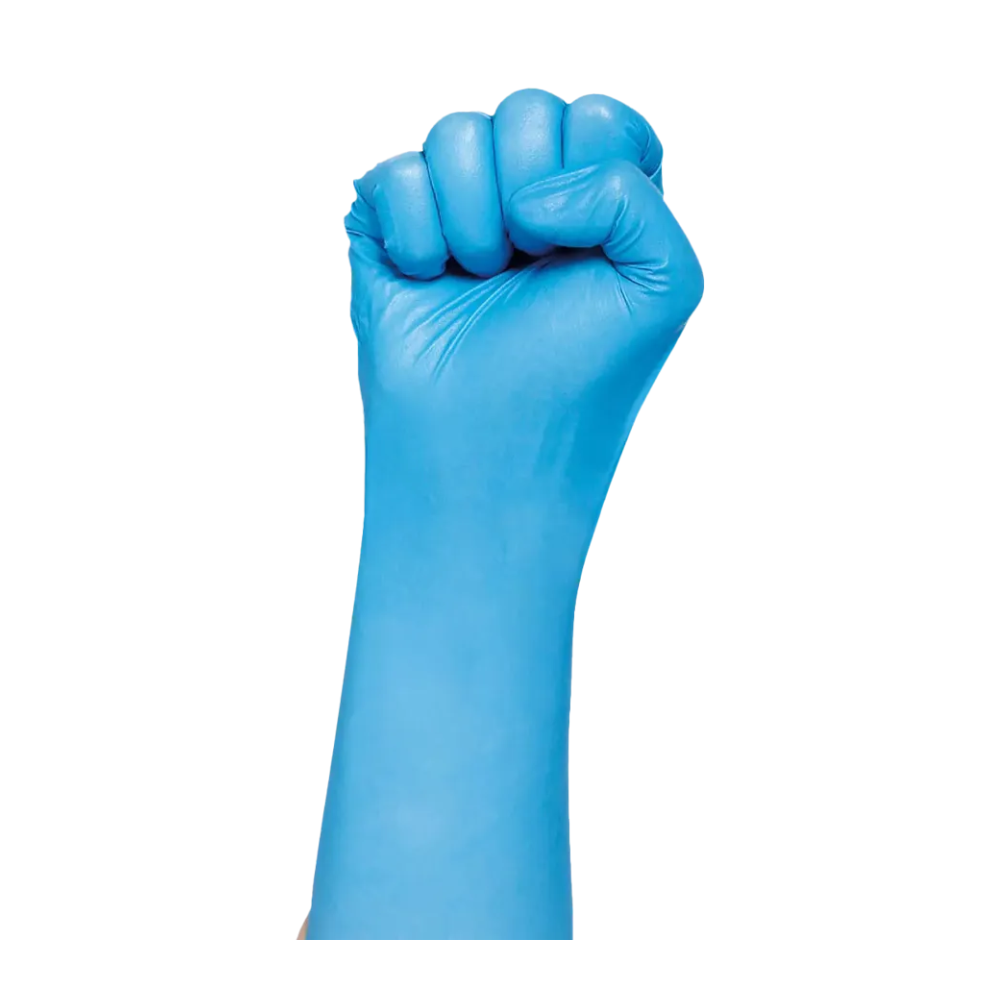 On a white background, a closed fist can be seen wearing an AMPri MED-COMFORT BLUE ULTRA 300 nitrile glove extra long powder-free from AMPri Handelsgesellschaft mbH. The blue glove covers the hand and wrist, and the fist is oriented vertically with the knuckles facing upwards.