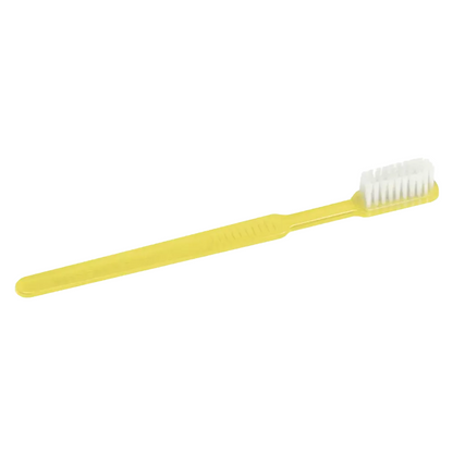 A yellow AMPri MED-COMFORT Dental PS disposable toothbrush with toothpaste made of plastic with white bristles is presented against a simple white background, highlighting convenience in dental care.