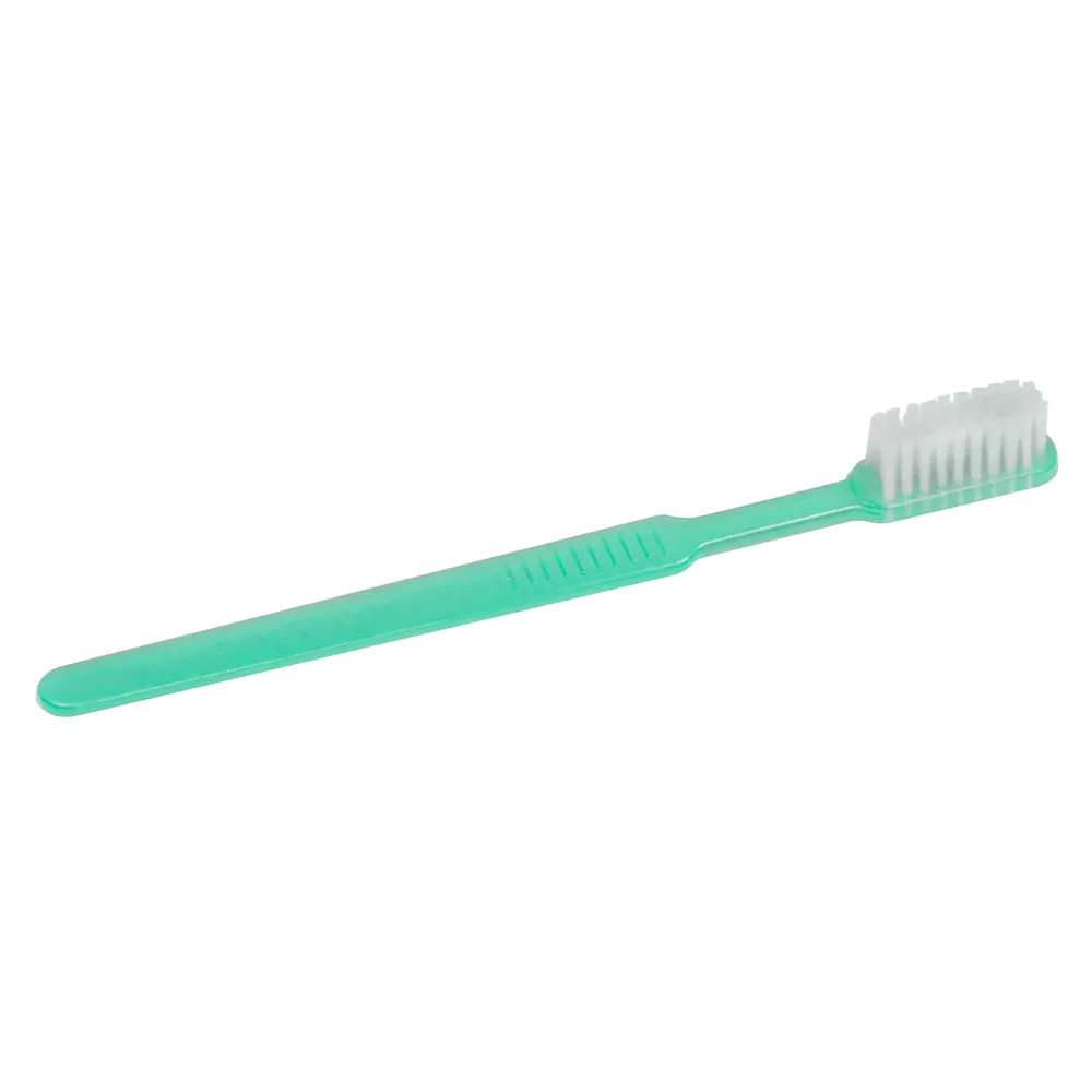 A green AMPri MED-COMFORT Dental PS disposable toothbrush from AMPri Handelsgesellschaft mbH features white bristles and a flat handle, and is ideal for travel due to its compact simplicity.