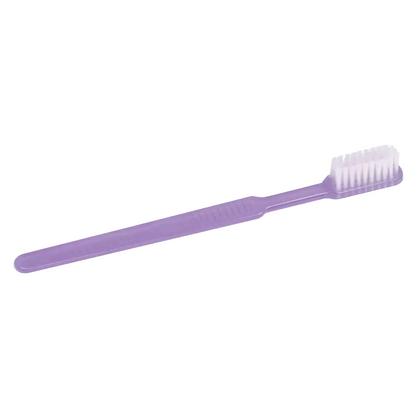 Against a white background, a purple AMPri MED-COMFORT Dental PS disposable toothbrush with a long, straight handle and white bristles is visible – ideal for dental care while traveling.