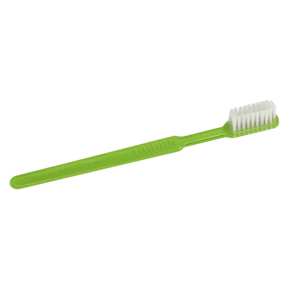 A green AMPri MED-COMFORT Dental PS disposable toothbrush with a straight handle and white bristles, positioned horizontally against a white background.