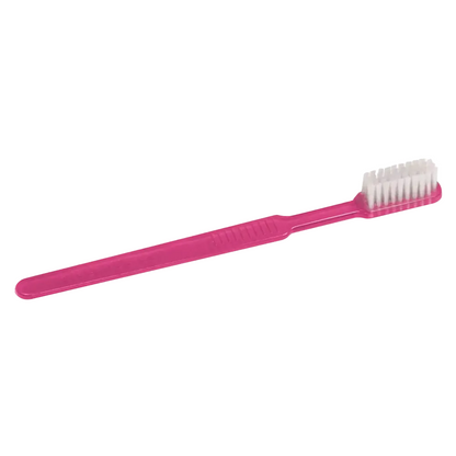 Against a bright white background, a pink AMPri MED-COMFORT Dental PS disposable toothbrush with a straight handle and white bristles is visible.
