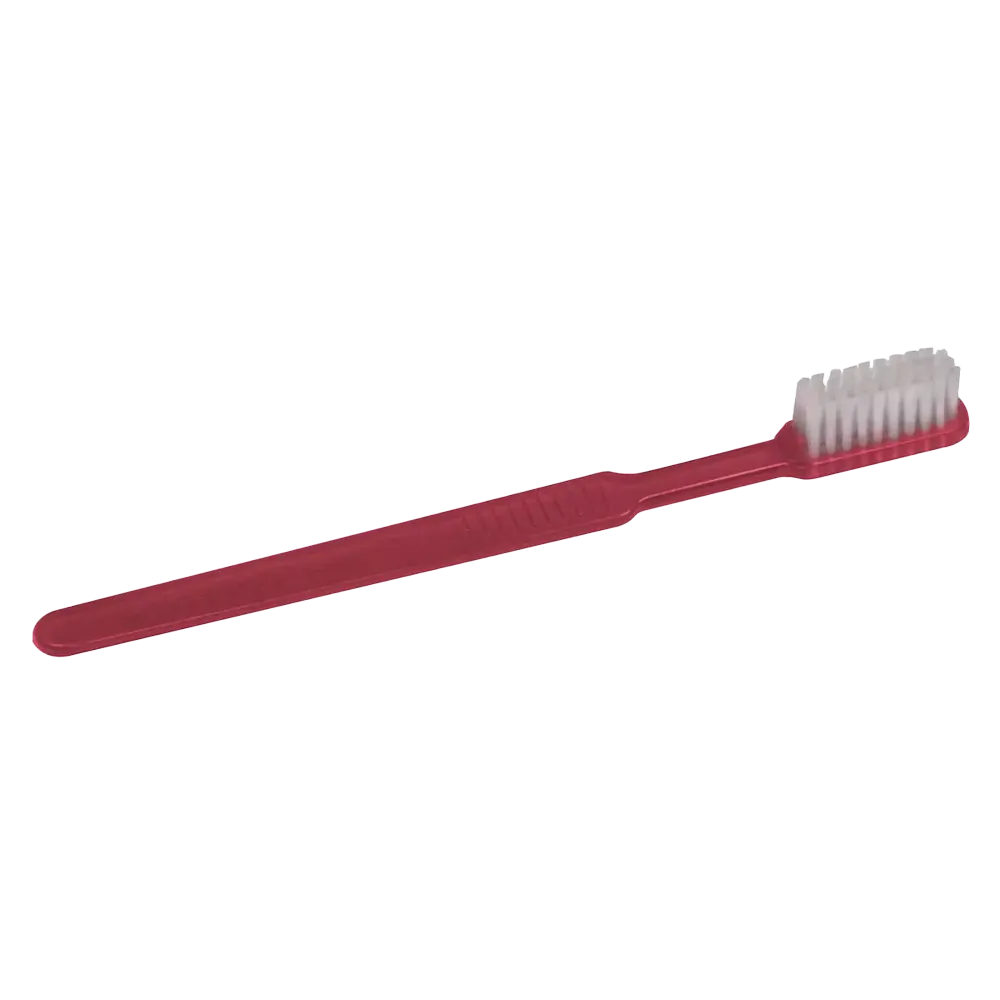 On a simple white background, a red AMPri MED-COMFORT Dental PS disposable toothbrush with toothpaste with white bristles is depicted, perfect for your quick dental care routine.