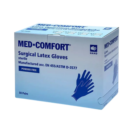 Eine weiße Schachtel AMPri MED-COMFORT Latex OP-Handschuhe steril puderfrei, weiß von AMPri Handelsgesellschaft mbH. Die Schachtel enthält 50 Paar sterile, puderfreie Handschuhe. Sie ist als konform mit den Normen EN 455 und ASTM D-3577 gekennzeichnet und zeigt eine Hand mit einem Handschuh – perfekt für alle, die sterile Operationshandschuhe suchen.