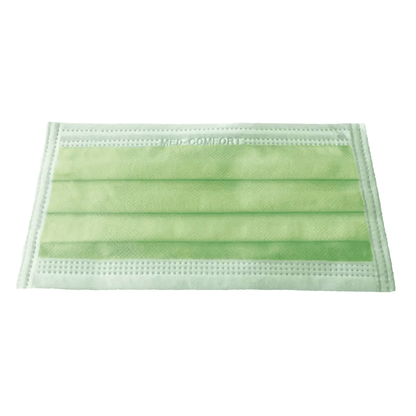 Abgebildet ist eine einzelne hellgrüne AMPri MED-COMFORT OP Maske zum Binden Typ IIR von AMPri Handelsgesellschaft mbH. Diese OP-Maske weist drei Falten, Ohrschlaufen und sichtbare Nähte an den Rändern auf. Das Material scheint eine Kombination aus Vliesstoff und schmelzgeblasenem Stoff zu sein.