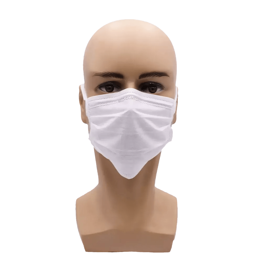 Ein Mannequinkopf trägt eine weiße AMPri MED-COMFORT OP Maske zum Binden Typ IIR von AMPri Handelsgesellschaft mbH. Die Maske bedeckt Nase und Mund und ist mit Ohrschlaufen am Kopf befestigt. Der schlichte weiße Hintergrund unterstreicht das Design dieses Mundschutz-Einwegprodukts perfekt.