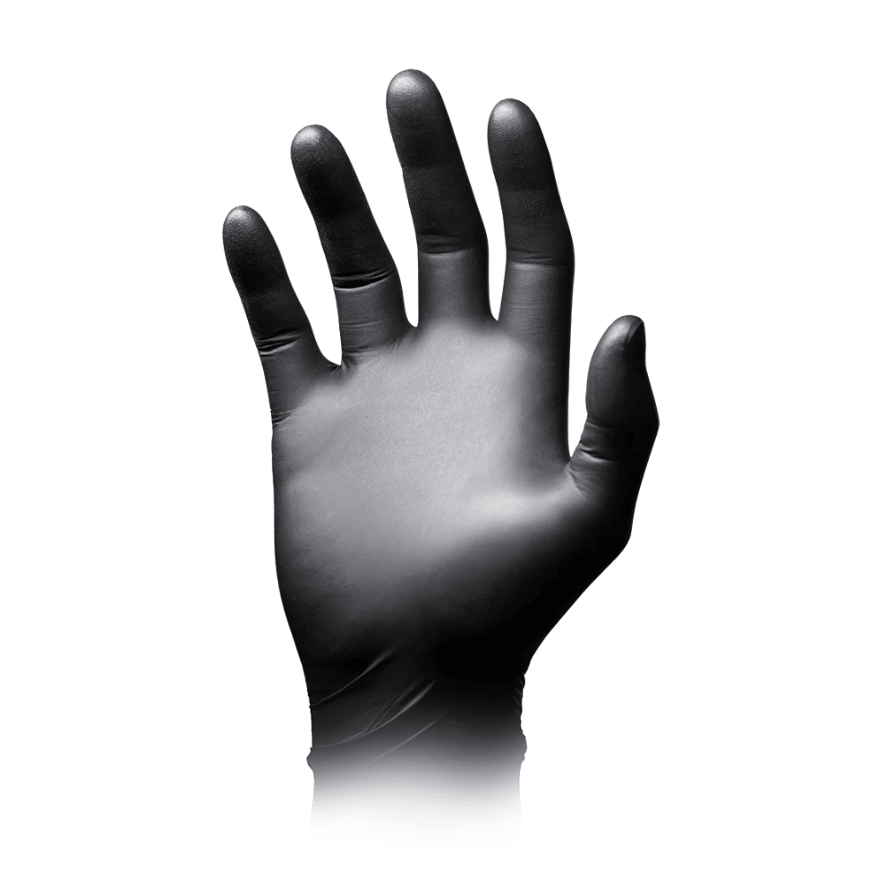 Ein schwarzer AMPri Nature Glove der AMPri Handelsgesellschaft mbH ist vor weißem Hintergrund in einer offenen Handposition mit nach vorne gerichteter Handfläche abgebildet. Der Handschuh zeichnet sich durch hohe Beständigkeit aus und verfügt über eine glatte Oberfläche, die vollständig aufgeblasen die Konturen einer Hand abbildet.