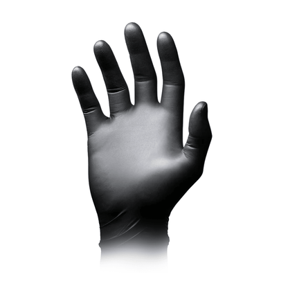Ein schwarzer AMPri Nature Glove der AMPri Handelsgesellschaft mbH ist vor weißem Hintergrund in einer offenen Handposition mit nach vorne gerichteter Handfläche abgebildet. Der Handschuh zeichnet sich durch hohe Beständigkeit aus und verfügt über eine glatte Oberfläche, die vollständig aufgeblasen die Konturen einer Hand abbildet.