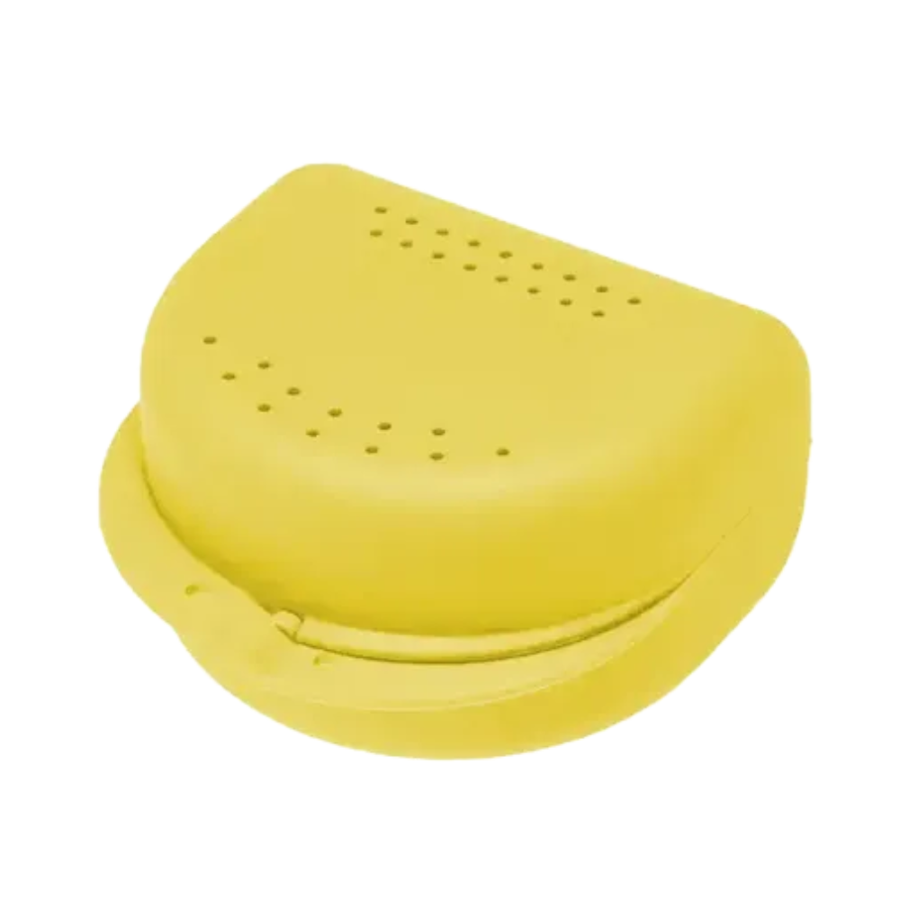 A semi-circular, yellow brace box with a perforated lid made of polypropylene, called AMPri PP Dental brace box for adults 80x80x45 cm, various colors | Bag (10 pieces) by AMPri Handelsgesellschaft mbH.