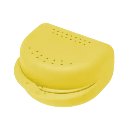 A semi-circular, yellow brace box with a perforated lid made of polypropylene, called AMPri PP Dental brace box for adults 80x80x45 cm, various colors | Bag (10 pieces) by AMPri Handelsgesellschaft mbH.