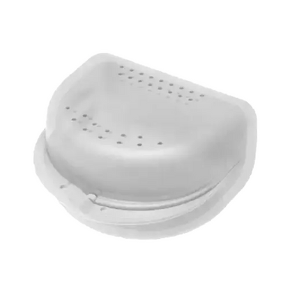 A white AMPri PP dental case for adults made of plastic with dimensions 80 x 80 x 45 cm features several small ventilation holes on its curved surface. This item, made by AMPri Handelsgesellschaft mbH from practical polypropylene, serves for safety or protection and is likely used in orthodontic work.