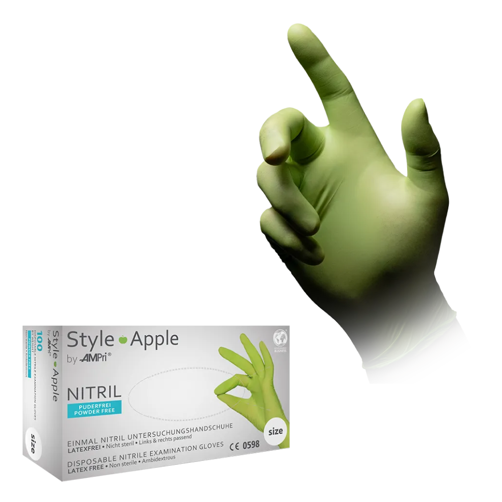Das Bild zeigt eine Hand mit einem grünen Handschuh, die mit ihren Fingern vor einem weißen Hintergrund ein „L“ bildet. Unter der Hand befindet sich eine Schachtel mit der Aufschrift „Style Apple von AMPri Handelsgesellschaft mbH“, die MED-COMFORTs Einweg-Untersuchungshandschuhe aus Nitril Apfelgrün enthält, die sowohl latexfrei als auch puderfrei sind. Auf der Schachtel ist ein grüner Handschuh abgebildet.